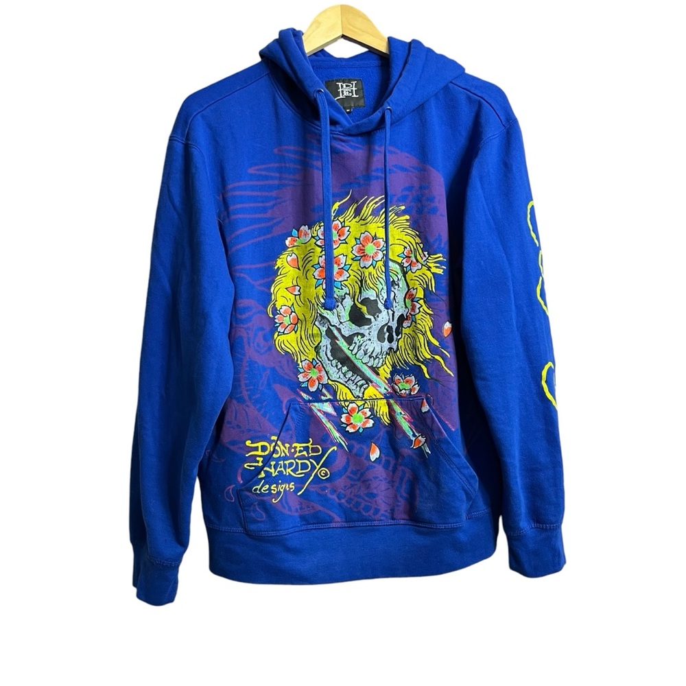 ED HARDY ROYAL BLUE BLONDE HAIR FLOWERS SKULL TATTOO SWEATSHIRT HOODIE SWEATER